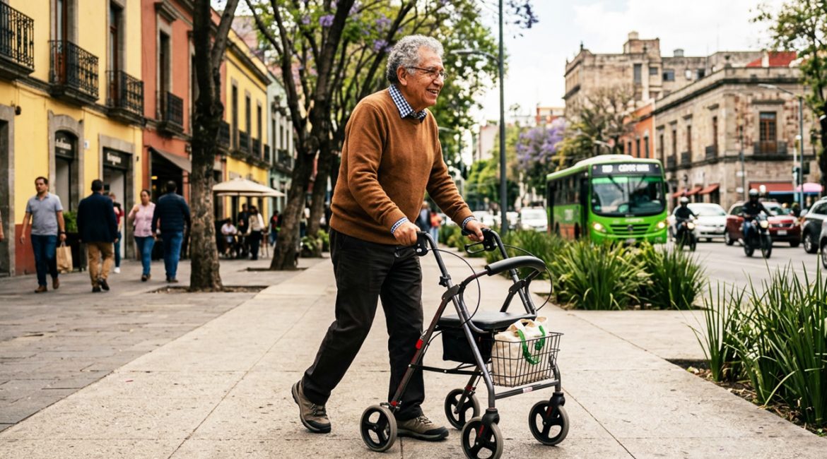 Andadera para adulto mayor con 4 ruedas, asiento acolchado, canastilla y frenos de mano.