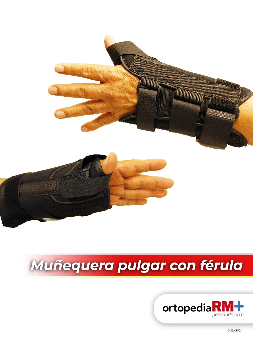 Muñequera ortopédica con férula palmar para tratamiento de síndrome del túnel carpiano.