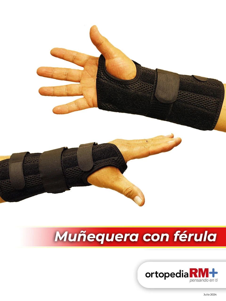 Muñequera ortopédica con férula palmar para tratamiento de síndrome del túnel carpiano.
